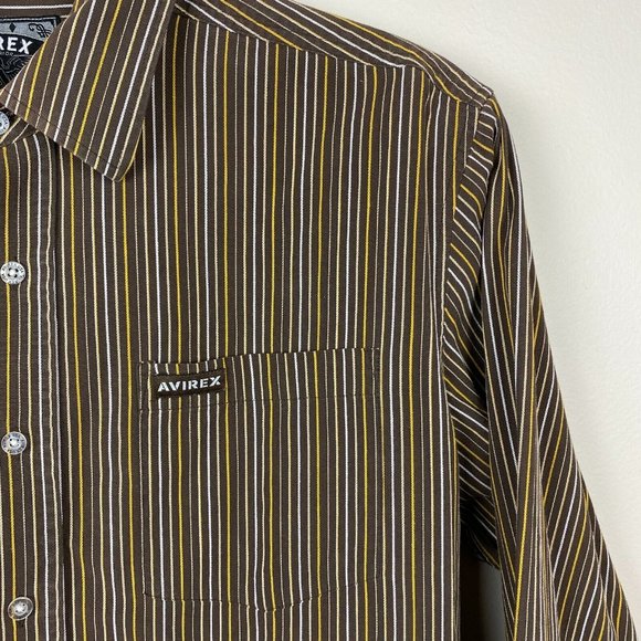 Avirex Button Down Shirt L Brown Mustard Yellow Striped‎ Long Sleeve Men - Picture 3 of 9